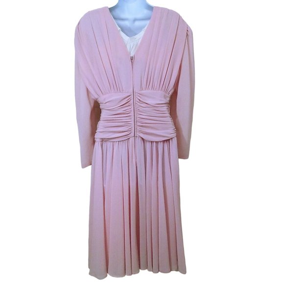 Vintage 90s Abby Kent Cocktail Dress -10 Ruched Crepe Embellished Fullskirt Pink - Picture 7 of 11